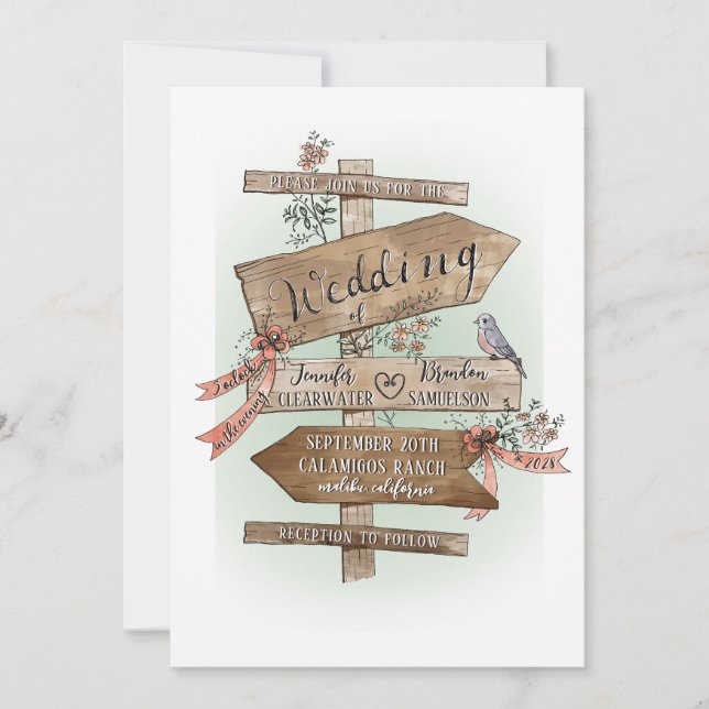 The Wedding Sign Says Hand Drawn Watercolor Rustic Invitation (Front)