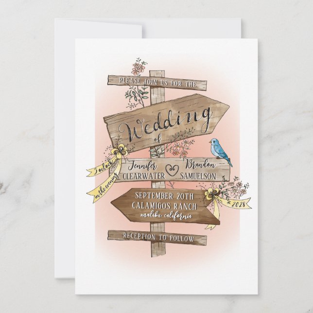 The Wedding Sign Says Hand Drawn Watercolor Rustic Invitation (Front)