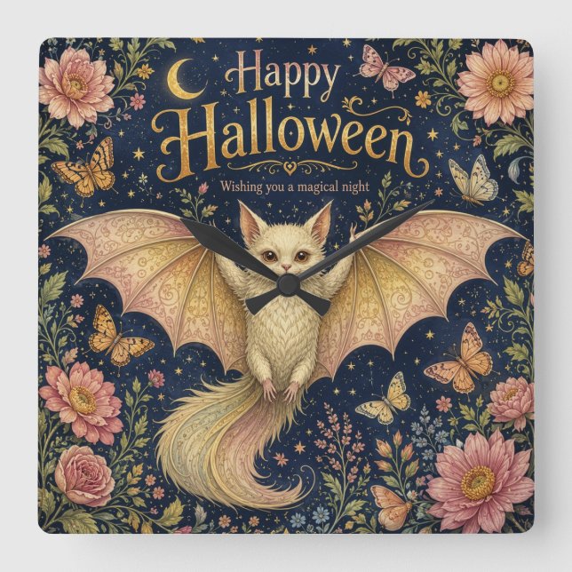 The Whimsical Winged Familiar Square Wall Clock (Front)