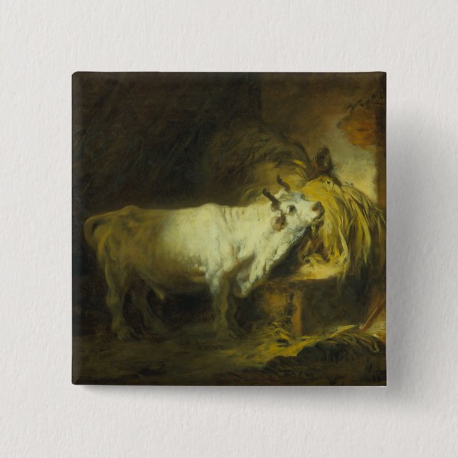 The White Bull in the Stable (oil on canvas) 15 Cm Square Badge (Front)
