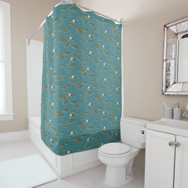 The White Lotus Alligator Waters Pattern Shower Curtain (In Situ)