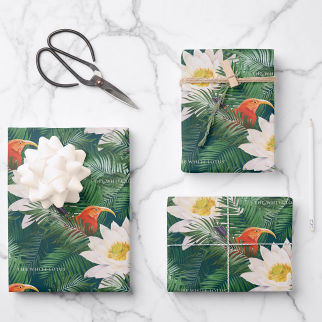 The White Lotus Tropical Birds & Lotus Pattern Wrapping Paper Sheet (Front)