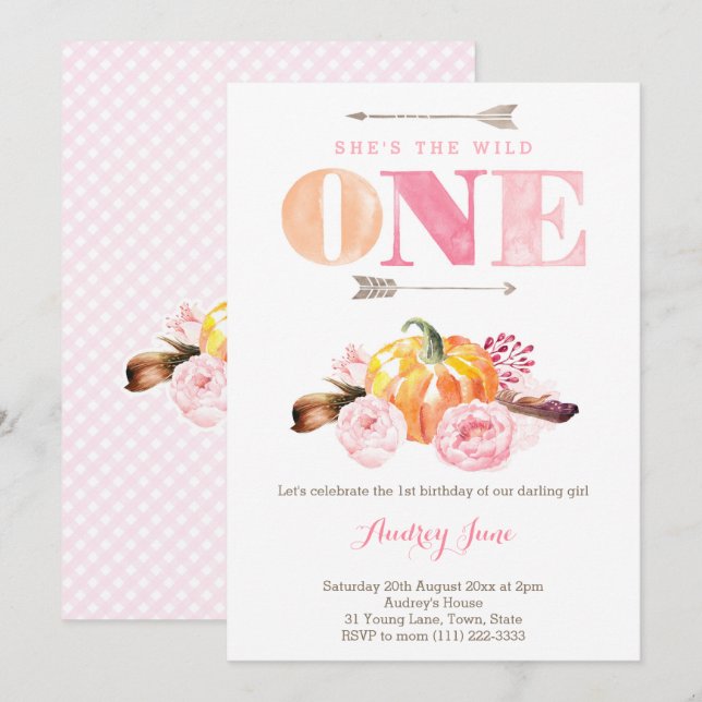 the wild one invites, 1st birthday, boho feathers invitation (Front/Back)