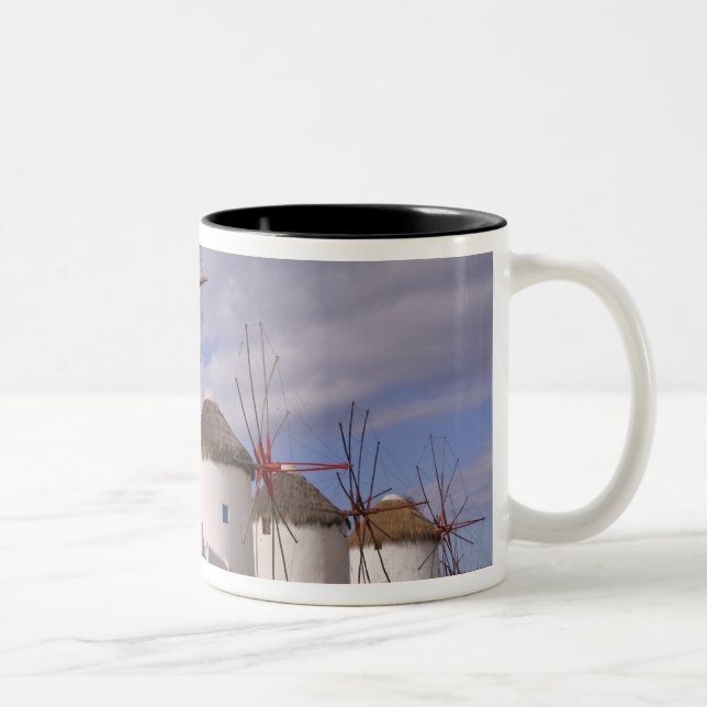 The windmills of Mykonos on the Greek Islands Two-Tone Coffee Mug (Right)