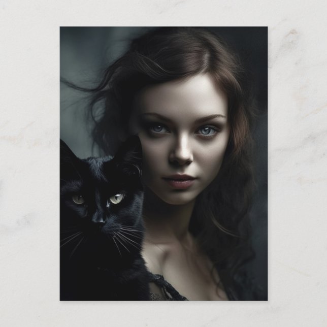 The Witch and Her Black Cat Postcard (Front)