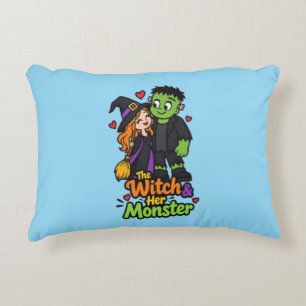 The Witch and Her Monster Cute Halloween Couple T- Decorative Cushion