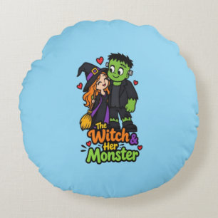 The Witch and Her Monster Cute Halloween Couple T- Round Cushion