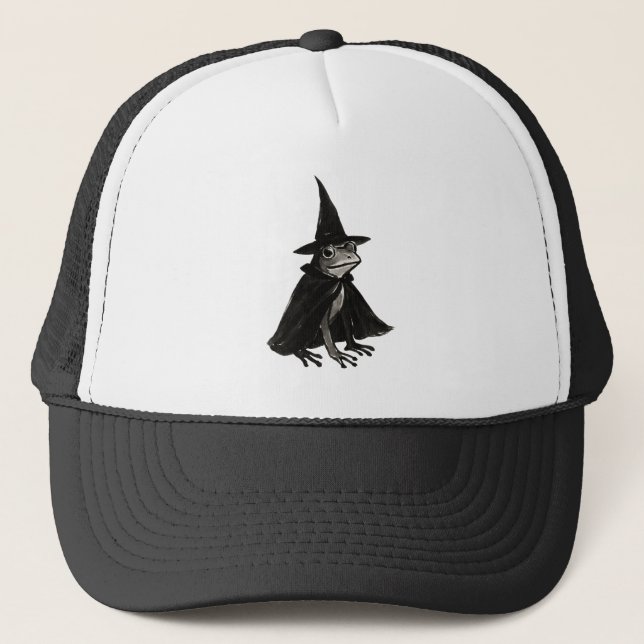 The Witch Frog – Ink Brush Halloween Design on Trucker Hat (Front)