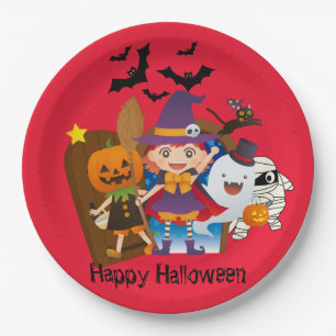 The Witch,Ghost,Pumpkin,And The Mummy Halloween  Paper Plate