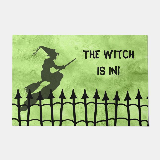 "The Witch is in" Halloween Funny Welcome Green Doormat (Front)