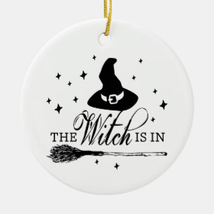 The Witch Is In with Hat & Broomstick Halloween Ceramic Tree Decoration