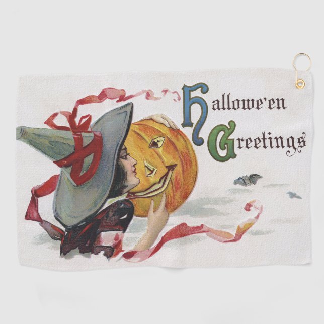 The Witch's Kiss: a Jack o Lantern on Halloween Golf Towel (Horizontal)