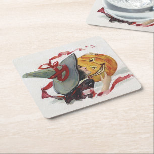 The Witch's Kiss: a Jack o Lantern on Halloween Square Paper Coaster