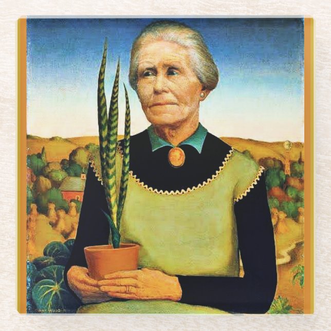 The Woman with Plants by Grant Woodm Glass Coaster (Front)