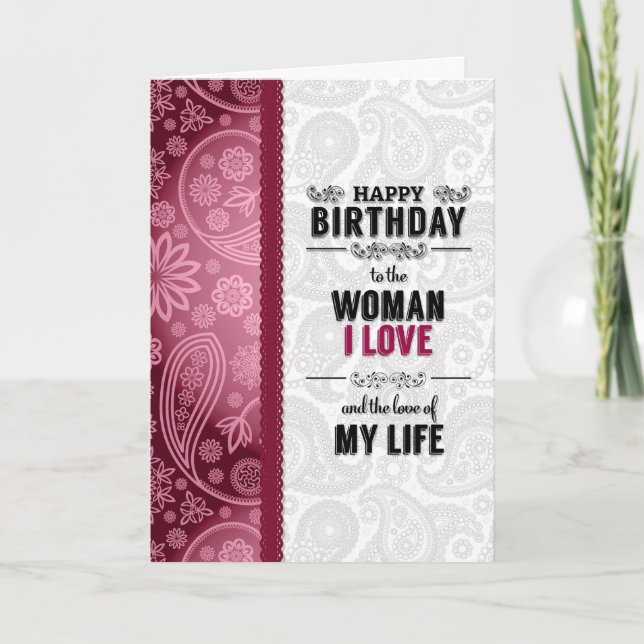 the Woman You Love Birthday in Pink and White Card (Front)