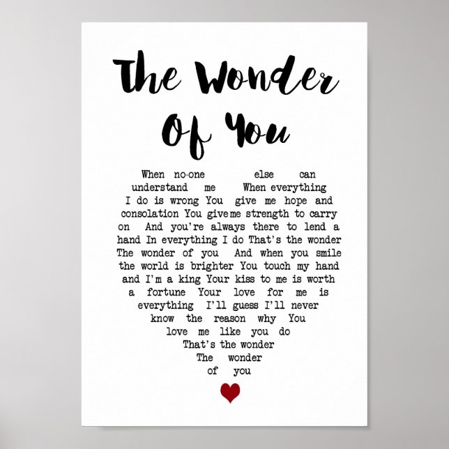 The Wonder Of You Heart Song Lyric Wall Art Print (Front)