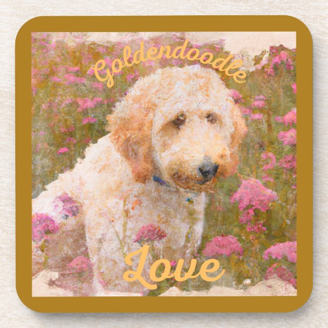 The wonderful Goldendoodle in a field of flowers Coaster (Front)
