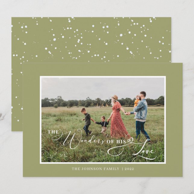 The Wonders of His Love Photo Script Green Holiday Card (Front/Back)