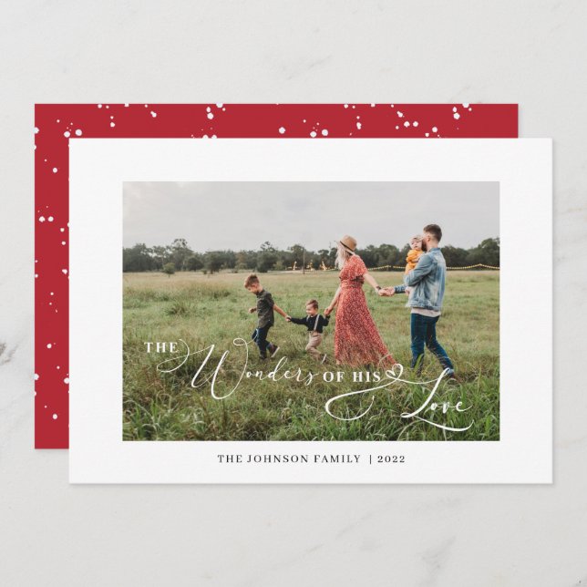 The Wonders of His Love Photo Typography Red Holiday Card (Front/Back)