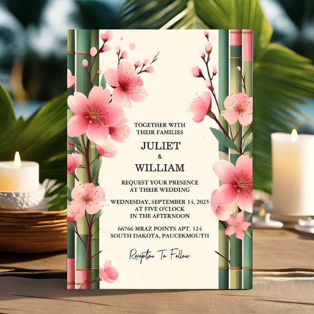 The Wood Bamboo Pink Sakura Cherry Blossom Wedding Invitation (Creator Uploaded)