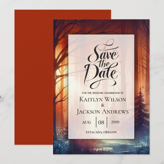 The Woodland Spell of Falling Leaves Wedding Save The Date (Front/Back)