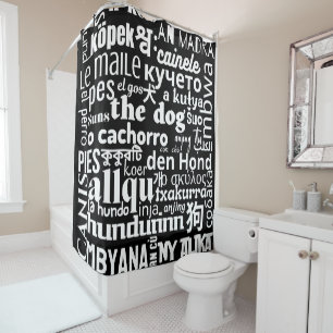 The word dog in various languages ​​black white shower curtain