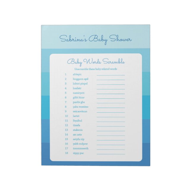 The Word Scramble Blue Ombre Stripes Baby Shower Notepad (Rotated)