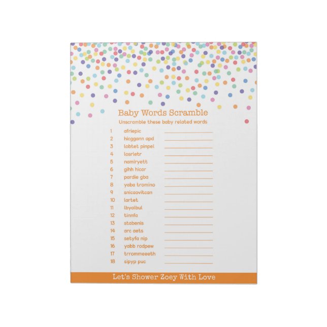 The Word Scramble Confetti Baby Shower Game Notepad (Rotated)