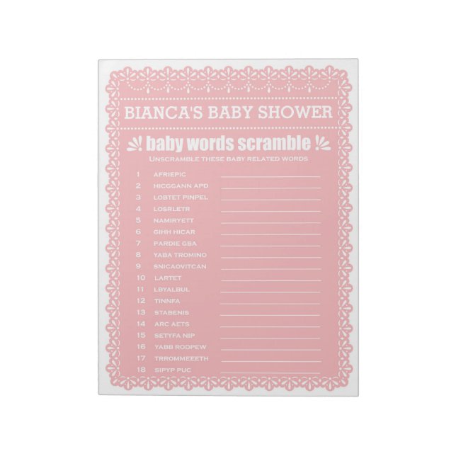 The Word Scramble Pink Papel Picado Baby Shower Notepad (Rotated)