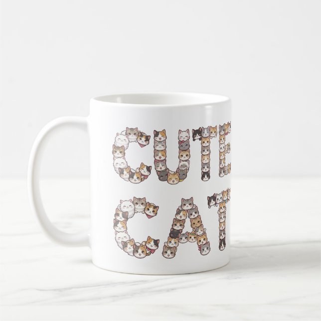 The words "CUTE CAT" are made using cat faces Coffee Mug (Left)