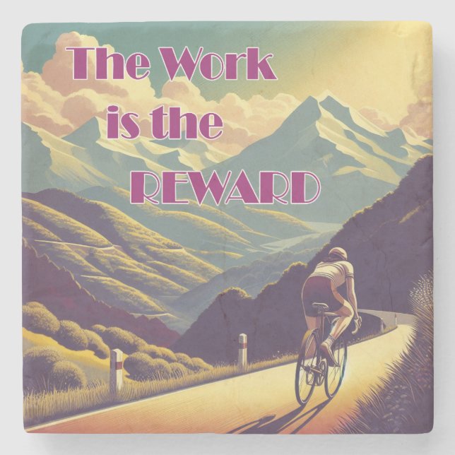 The Work Is The Reward Woman Cyclist Mountains Stone Coaster (Front)