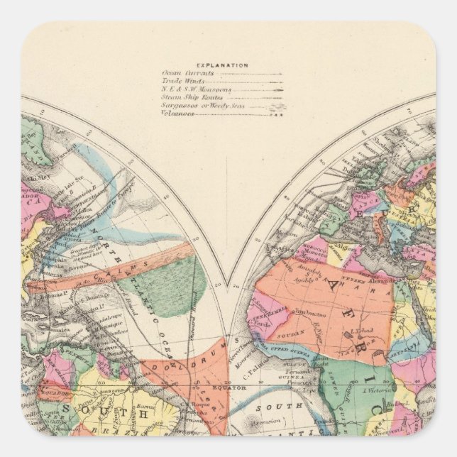 The world Atlas map with currents and trade winds Square Sticker (Front)