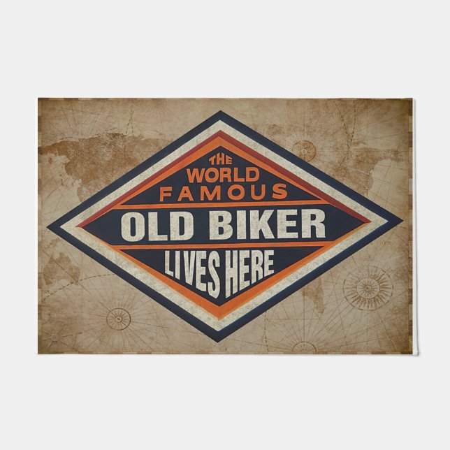 The World Famous Old Biker Lives Here Doormat (Front)