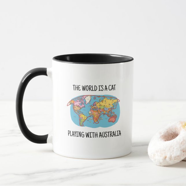 THE WORLD IS A CAT PLAYING WITH AUSTRALIA  MUG (With Donut)