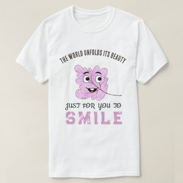 "The World Unfolds Its Beauty" Purple Smiling Leaf T-Shirt (Design Front)