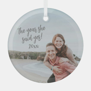 The Year She Said Yes Engagement Photo Handwritten Glass Tree Decoration