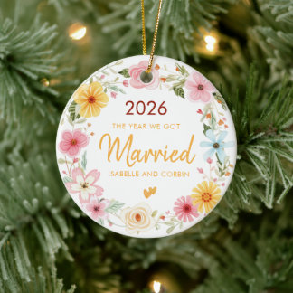 The Year We Got Engaged watercolor flower script Ceramic Tree Decoration