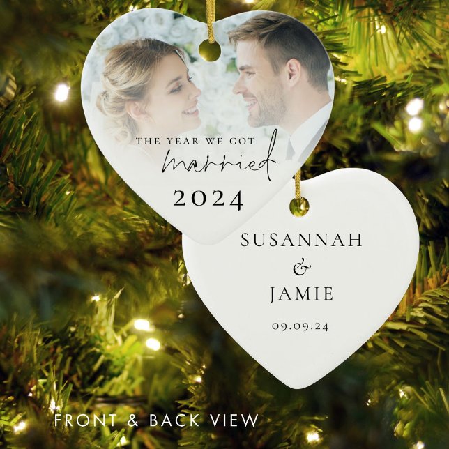 The Year We Got Married Photo Overlay Ceramic Tree Decoration (Front and back view)