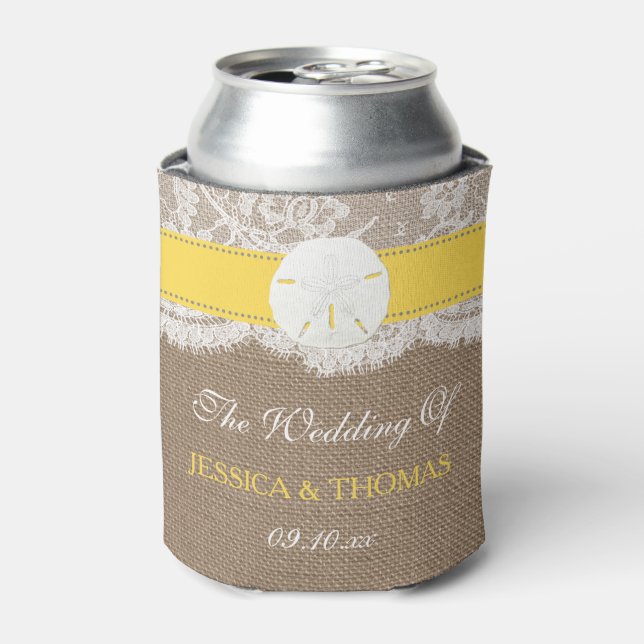 The Yellow Sand Dollar Beach Wedding Collection Can Cooler (Can Front)