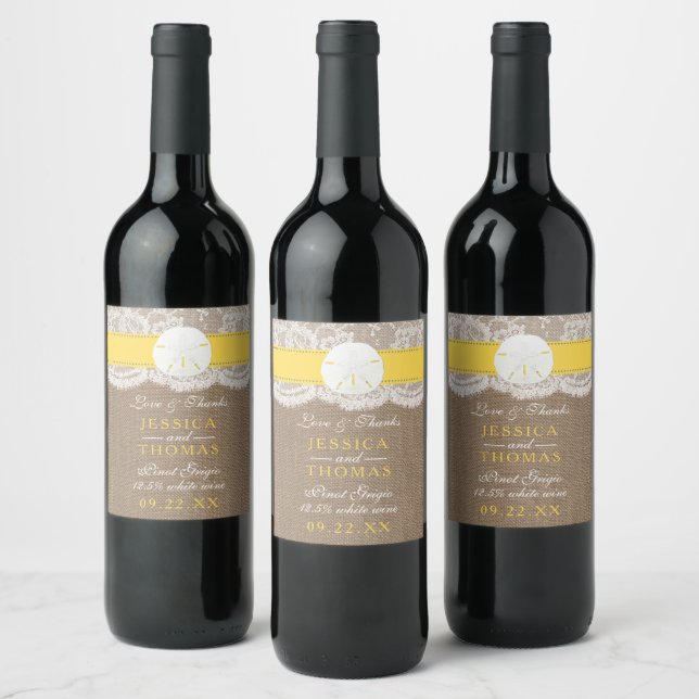 The Yellow Sand Dollar Beach Wedding Collection Wine Label (Bottles)