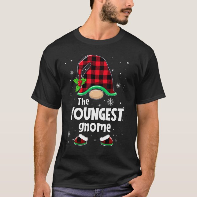 The Youngest Gnome Buffalo Plaid Christmas Matchin T-Shirt (Front)