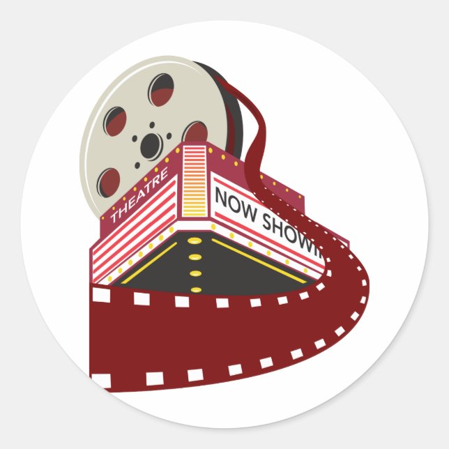 theatre cinema building with film reel rolling out classic round sticker (Front)