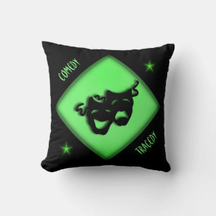 Theatre Happy Sad Greek Masks Green Throw Pillow