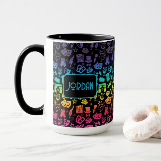 Theatre Lover Rainbow Icons on Black Mug (With Donut)