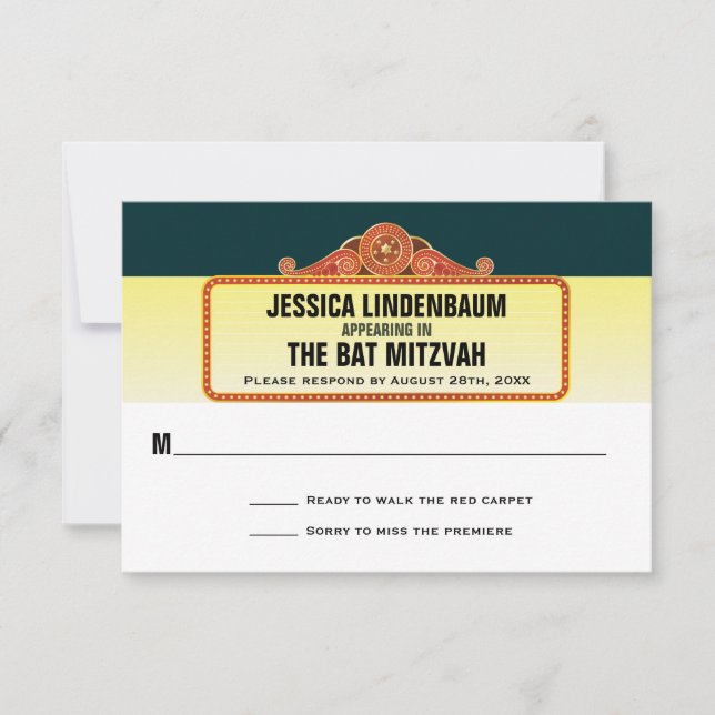 Theatre Marquee Bar Bat Mitzvah Reply RSVP Card (Front)