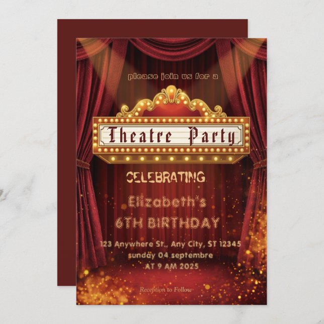 Theatre Marquee Party Invitation – Birthday invite (Front/Back)