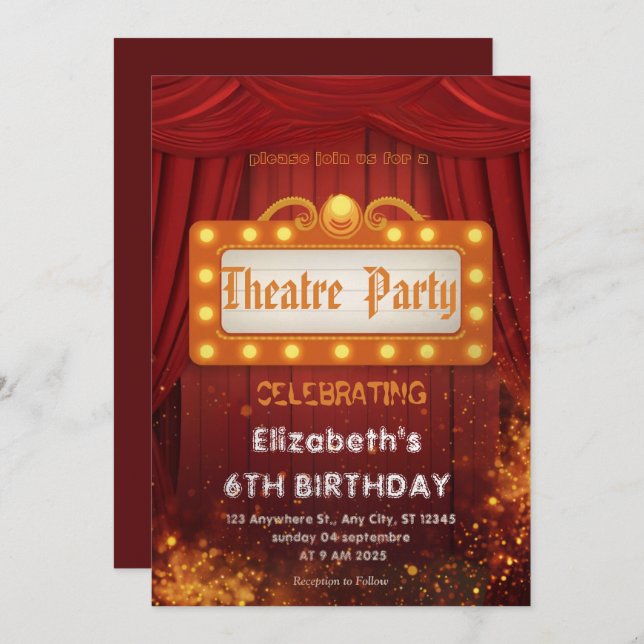 Theatre Marquee Party Invitation – Birthday invite (Front/Back)