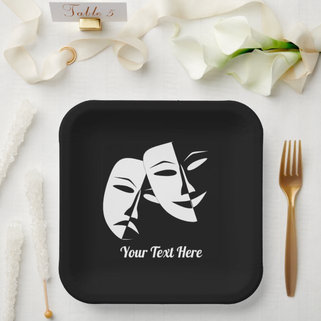 Theatre Mask Comedy Tragedy Black White Custom 9" Paper Plate (Wedding)
