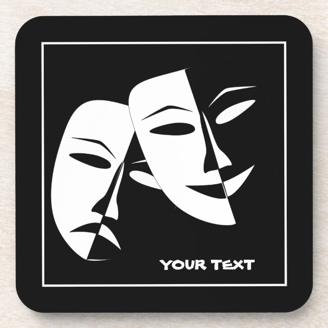 Theatre Mask Comedy Tragedy Black White Custom Coaster (Front)