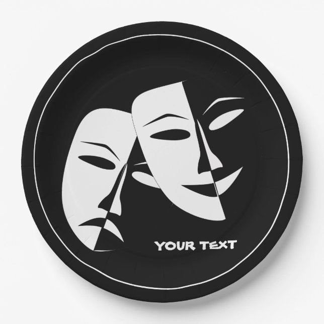 Theatre Mask Comedy Tragedy Black White Custom Paper Plate (Front)